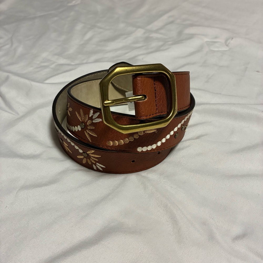 Brown Leather Belt with White Embroidery